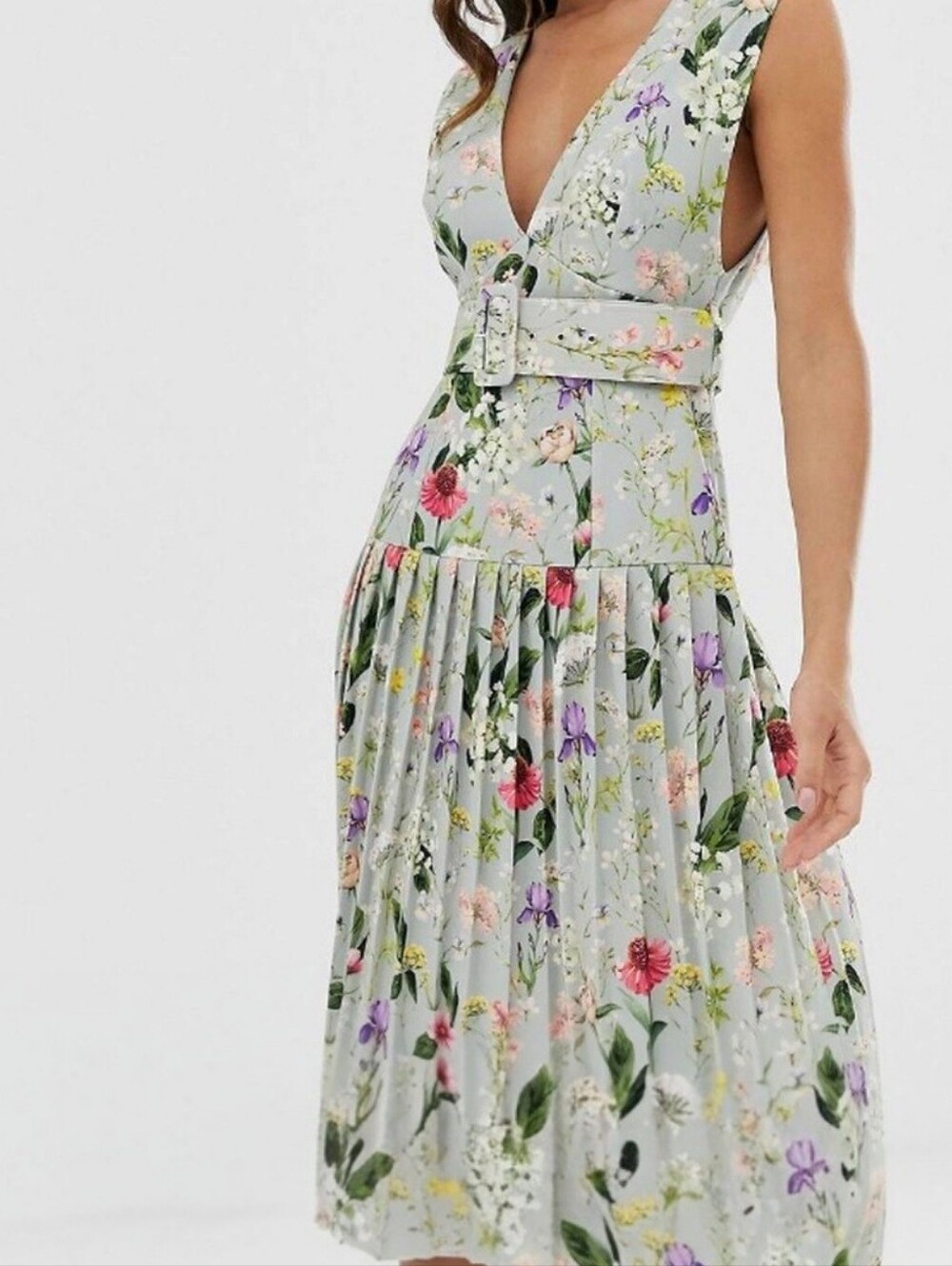 ASOS Botanical Floral Plunge Belted Pleated Midi Dress Sleeveless V-Neck US Size